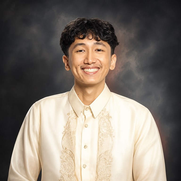 AI-illustrated portrait of Karl Mercado smiling in a cream embroidered shirt